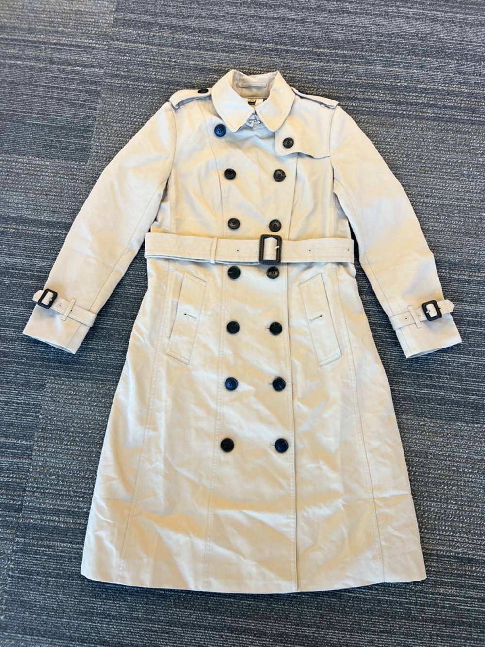 Burberry long khaki stone trench coat belted jacket double breasted sandringham